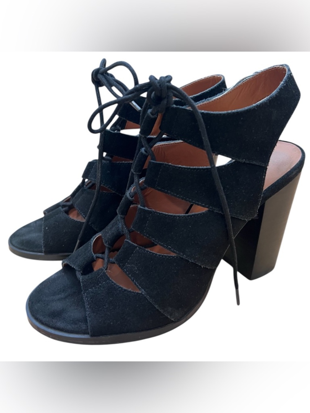 Saks Fifth Avenue Black Suede Lace Up Gladiators Block Heel Sandals Women's 6.5